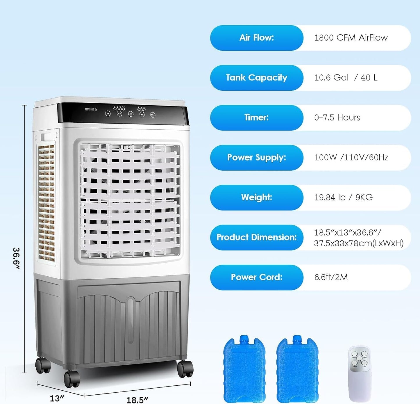 GENERIC Refroidisseur D'air Par évaporation, Refroidisseur De Marais De 4 000 CFM Avec Réservoir De 36 Litres, 3 Modes, 3 Vitesses, Télécommande, Minuterie De 7,5 H, AC Portable Sans Fenêtre Pour Chambre