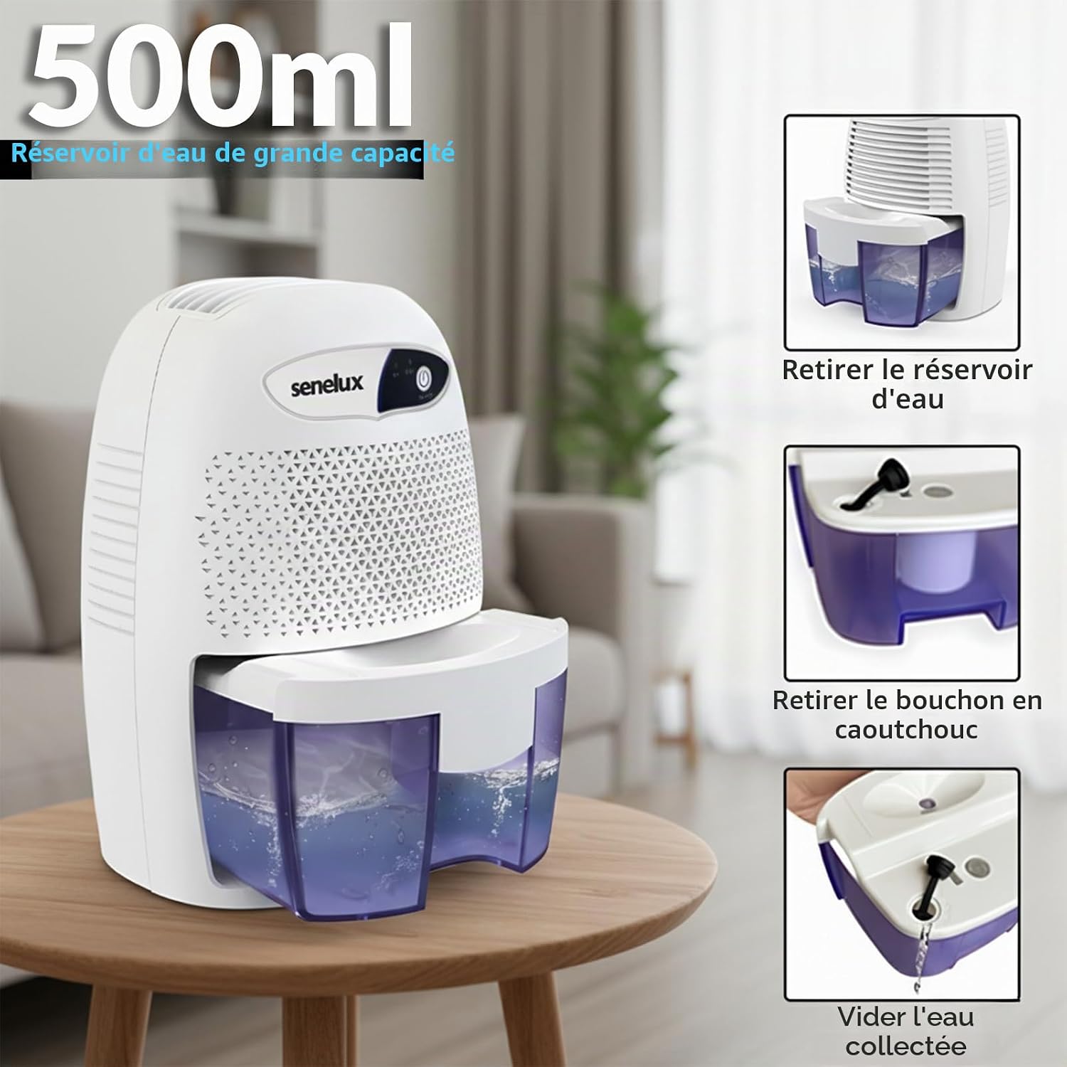  Senelux Mini Déshumidificateur D'air Portable Puissant De 500 Ml - Petit Déshumidificateur Efficace Et Stable - Absorbeur D'humidité Portable Pour Petites Pièces, Salle De Bain, Cave, Maison