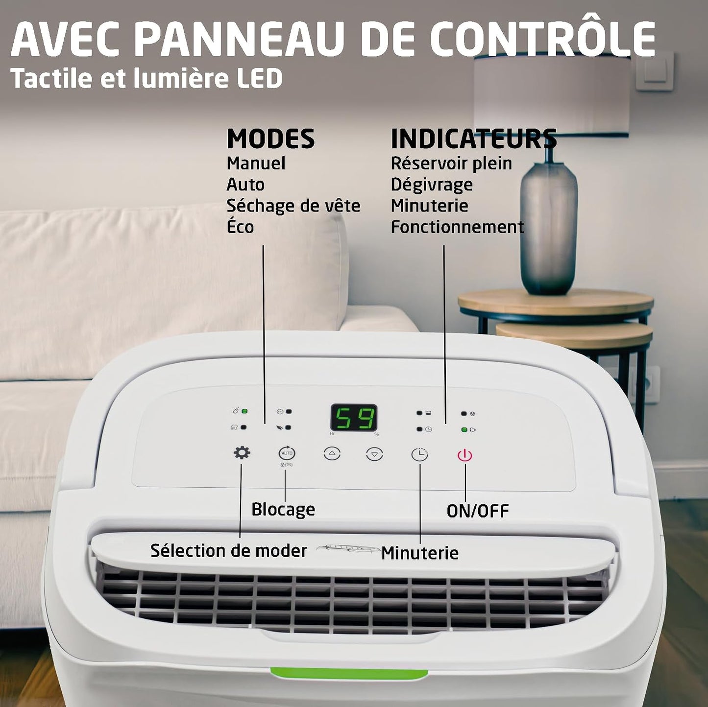  Amig – Déshumidificateur MIST - Capacité 20L/Jour - Régulation De L'humidité Et Minuterie - Réservoir D'eau Amovible 5,5L - 36x28x56 Cm - 270W - Couverture 160m³/h - Silencieux 42 DB - Séchage Linge