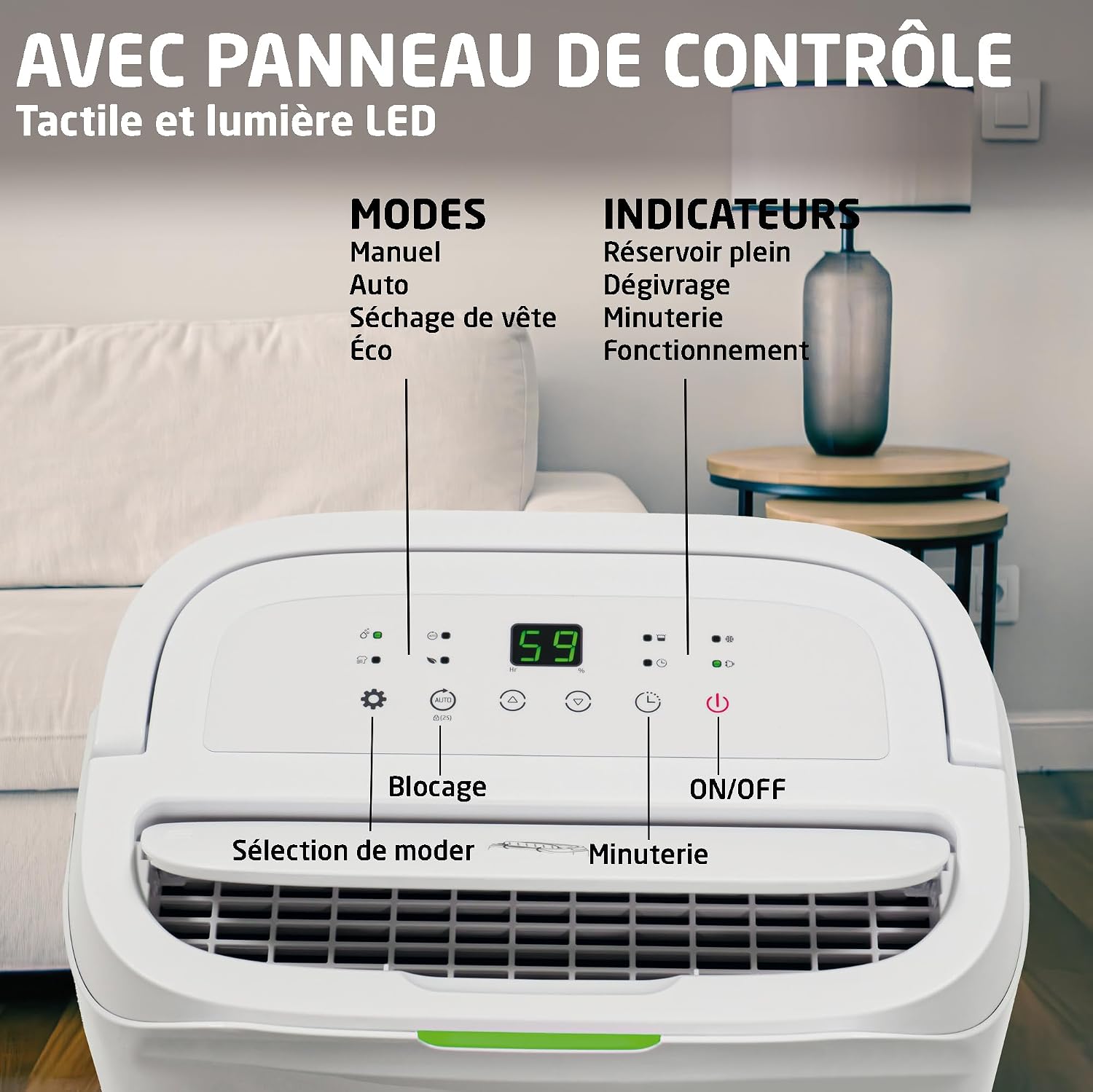  Amig – Déshumidificateur MIST - Capacité 20L/Jour - Régulation De L'humidité Et Minuterie - Réservoir D'eau Amovible 5,5L - 36x28x56 Cm - 270W - Couverture 160m³/h - Silencieux 42 DB - Séchage Linge