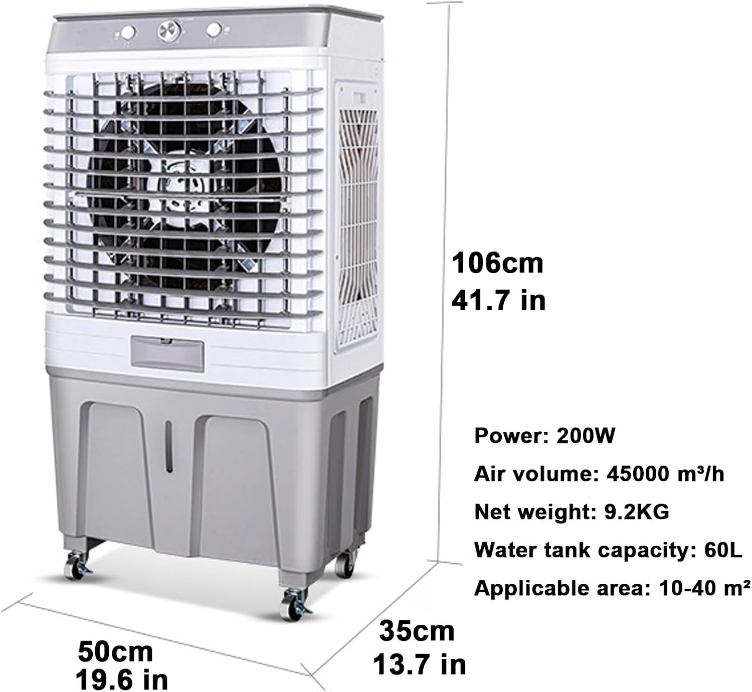 GENERIC Refroidisseur D'air Par évaporation De 26 000 Pi³/min Avec 4 Roues, Réservoir D'eau De 43,6 Litres, Oscillation à 120°, 3 Vitesses, Refroidit Jusqu'à 430 M² Pour Une Utilisation En Intérieur/extérieur