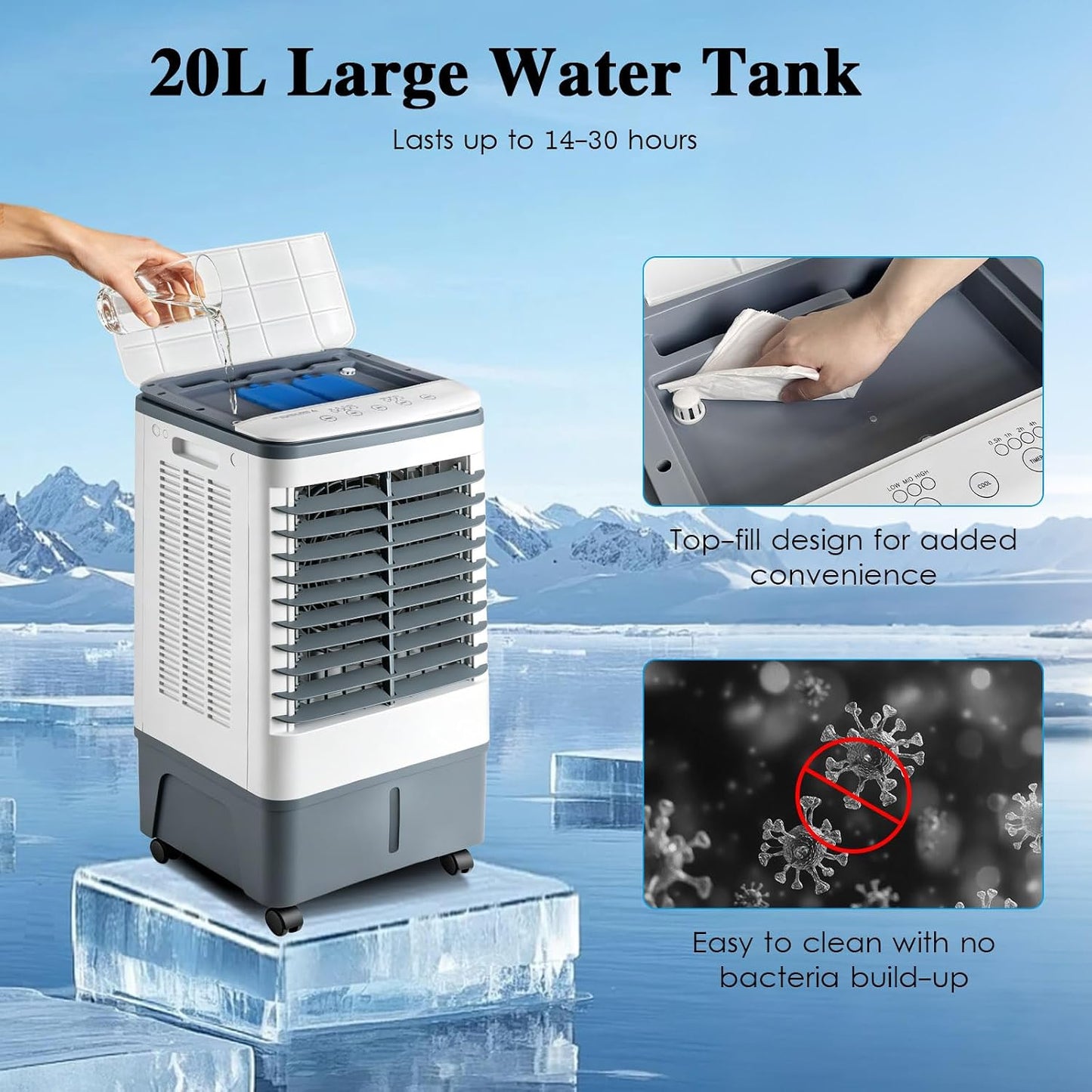  Rafraîchisseur D'Air 20L 3-en-1 Climatiseur Mobile Mécanique, Humidificateur Purificateur Avec 2 Packs De Glace, Commande Manuelle