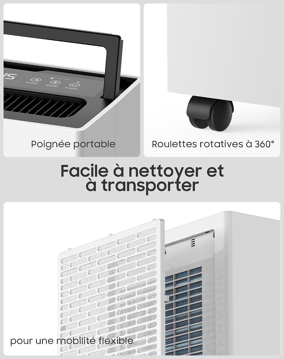  Déshumidificateur 20L/jour - Déshumidificateur électrique Puissant, économe En énergie, Portable, 3 Modes Et Contrôle Intelligent De L'humidité, Déshumidificateur électrique