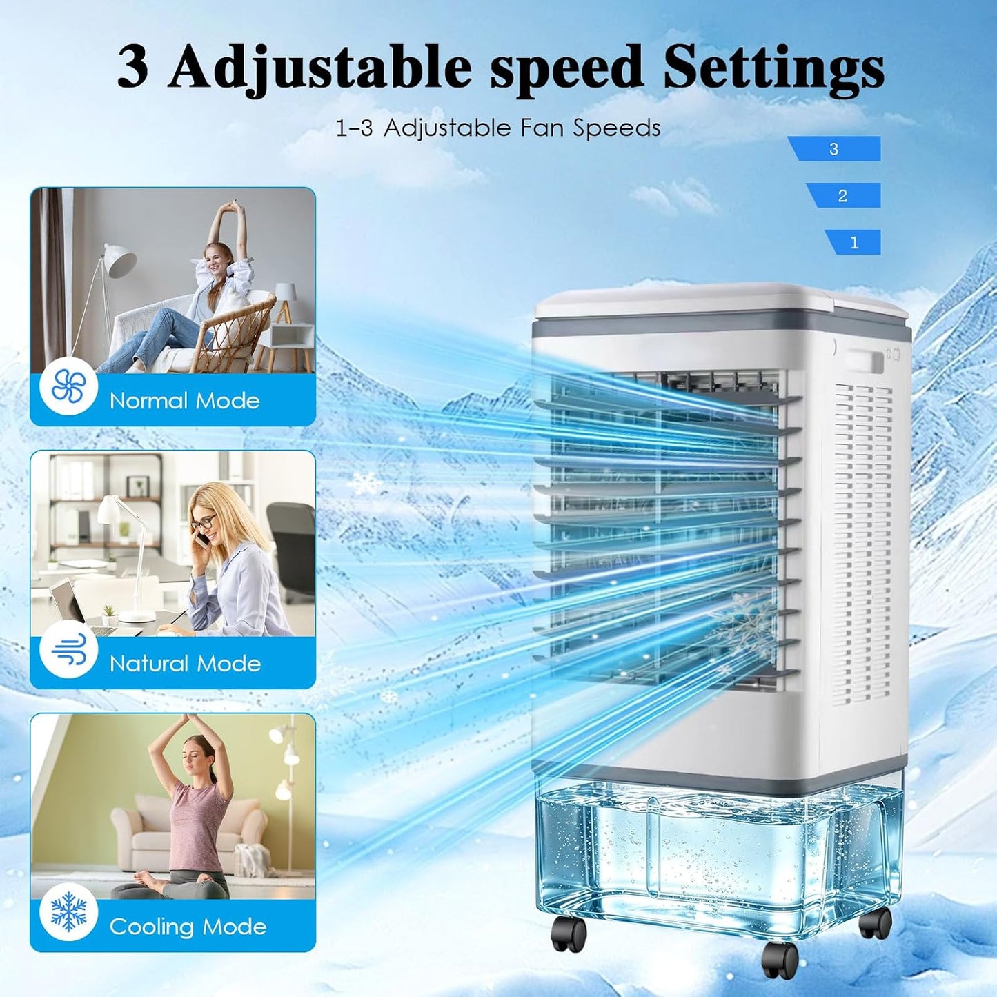  Rafraîchisseur D'Air 20L 3-en-1 Climatiseur Mobile Mécanique, Humidificateur Purificateur Avec 2 Packs De Glace, Commande Manuelle