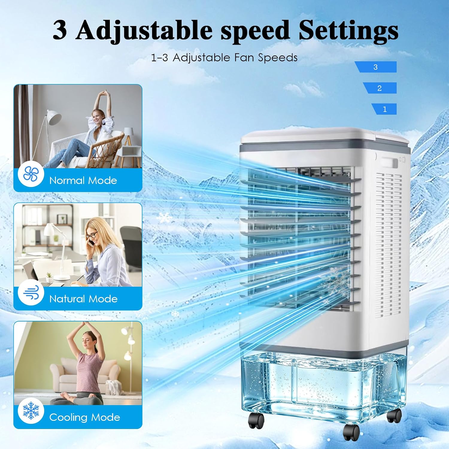  Rafraîchisseur D'Air 20L 3-en-1 Climatiseur Mobile Mécanique, Humidificateur Purificateur Avec 2 Packs De Glace, Commande Manuelle
