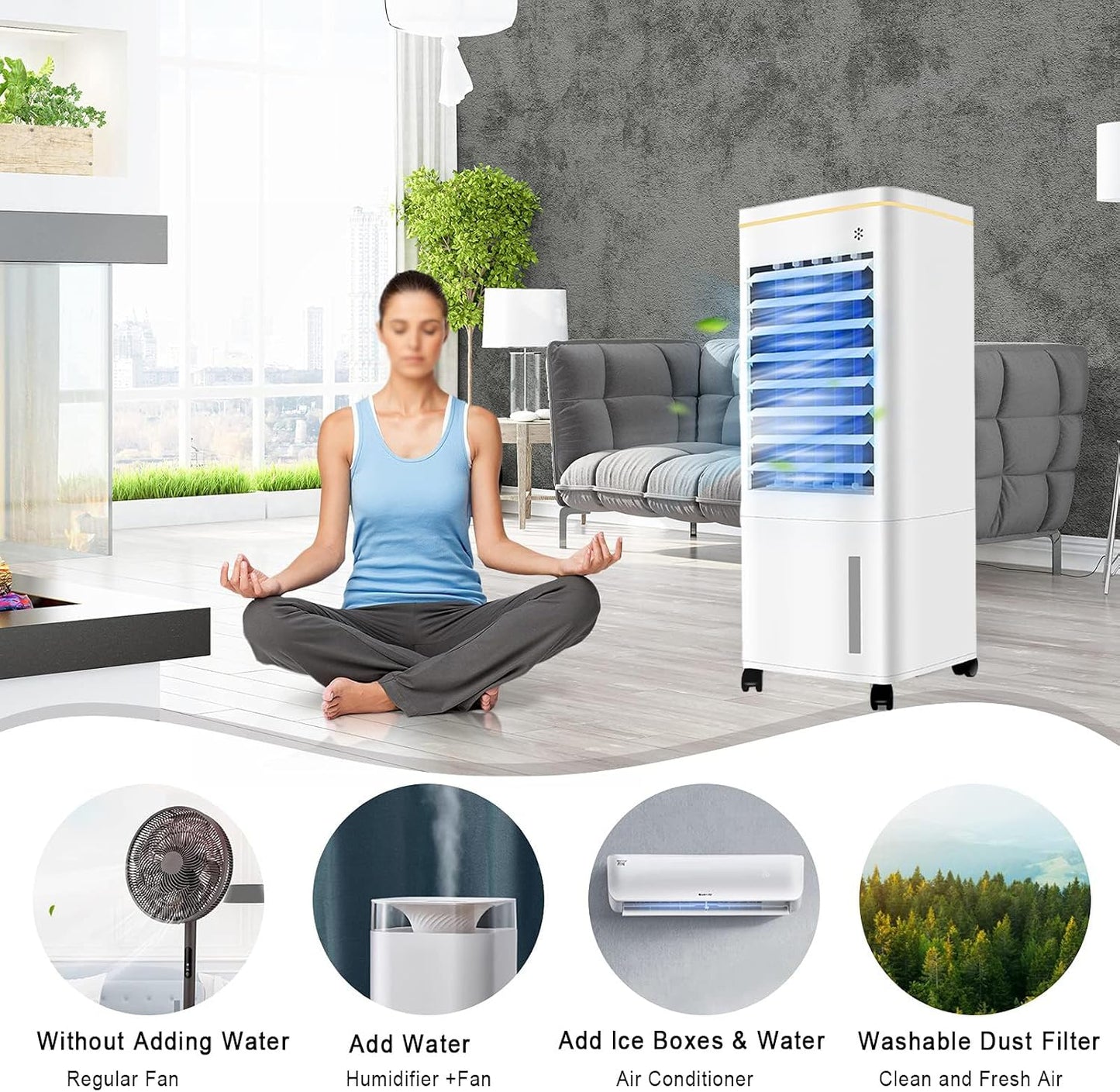 GENERIC Refroidisseur D'évaporation Portable Avec Télécommande, Ventilateur De Merle économe En énergie De 60W Pour Le Bureau De Chambre.Le Grand Réservoir De 1,55 Gal Dure 16 Heures.Sortie Ultra-Large 18x26.