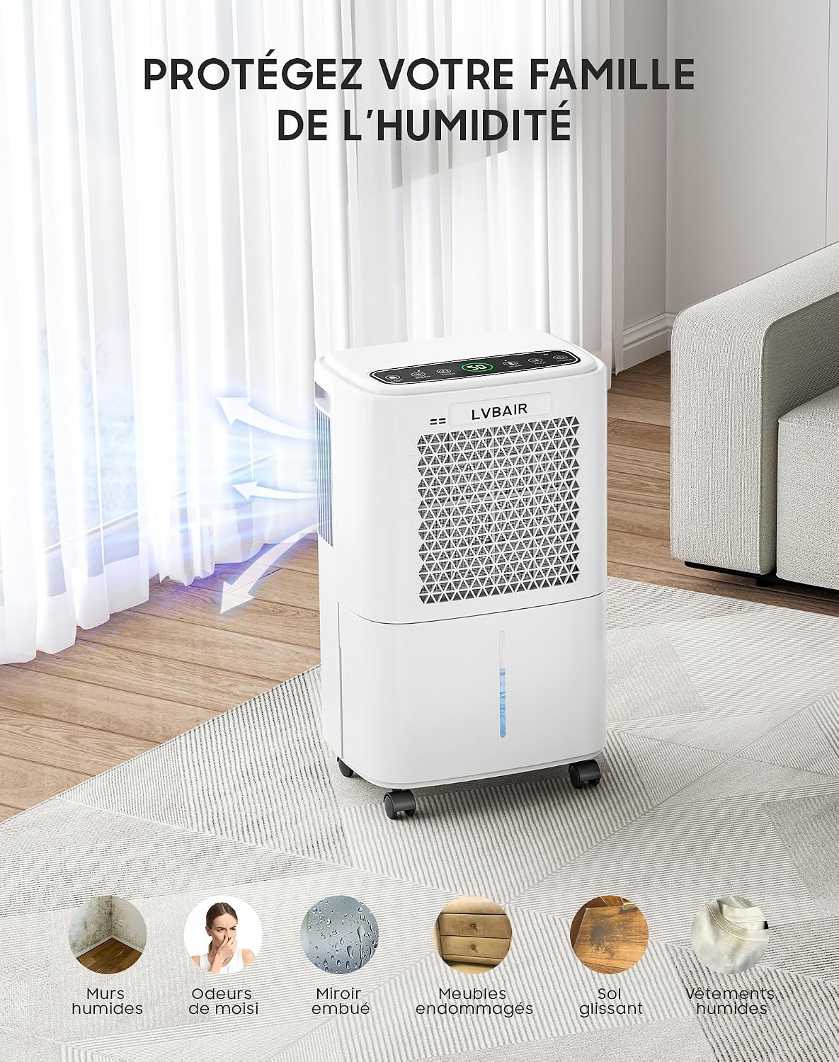 Déshumidificateur 12L/jour - Déshumidificateur électrique Puissant, économe En énergie, Portable, 3 Modes Et Contrôle Intelligent De L'humidité, Déshumidificateur électrique