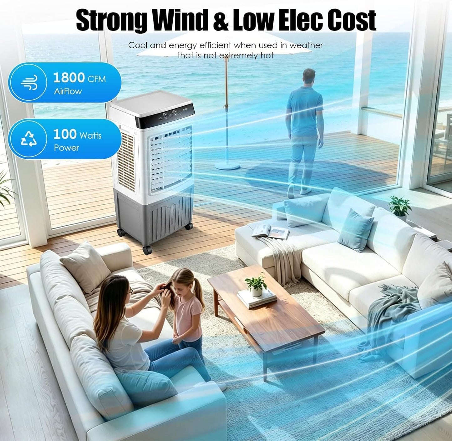 GENERIC Refroidisseur D'air Par évaporation, Refroidisseur De Marais De 4 000 CFM Avec Réservoir De 36 Litres, 3 Modes, 3 Vitesses, Télécommande, Minuterie De 7,5 H, AC Portable Sans Fenêtre Pour Chambre