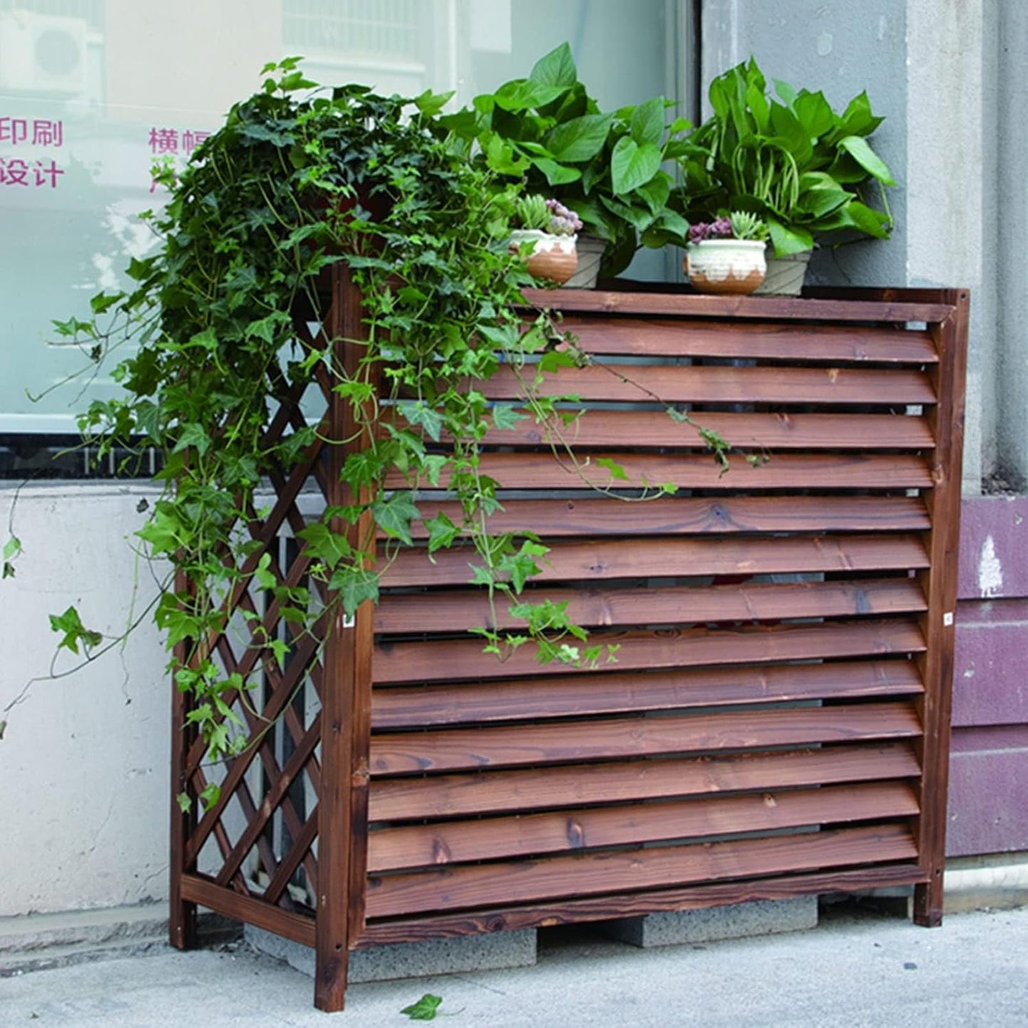  Housse De Climatiseur De Qualité Supérieure Et Pompe à Chaleur Ou Volet En Bois Massif, écran De Garde-corps Multi-usage, Poubelle élégante Et Support De Fleurs, Grille Pour Une Utilisation En