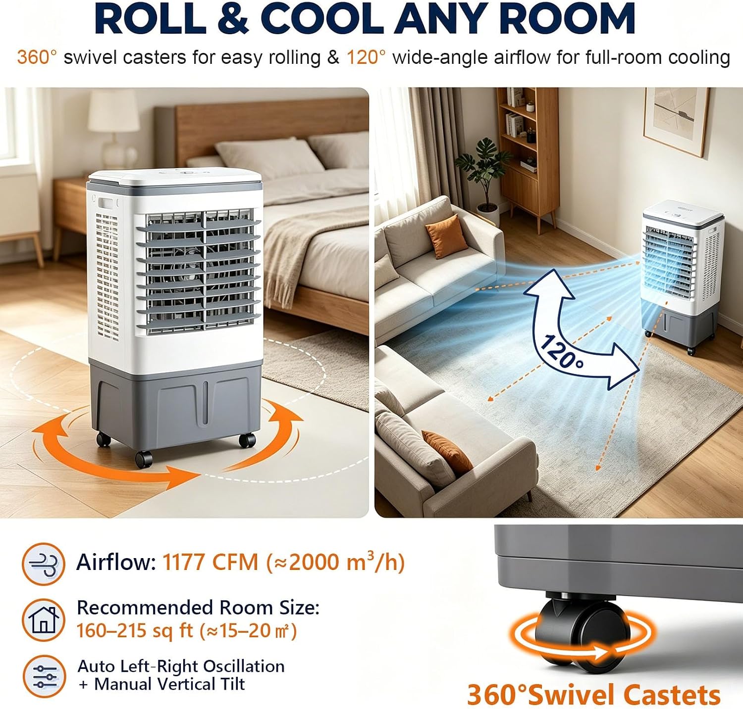 GENERIC Refroidisseur D'air Et Ventilateur Portables, Roulettes Roulantes à 360°, Oscillation à 120°, Réservoir De 20 L, 3 Vitesses, Refroidissement De 1177 CFM, Idéal For Appartement Et Bureau