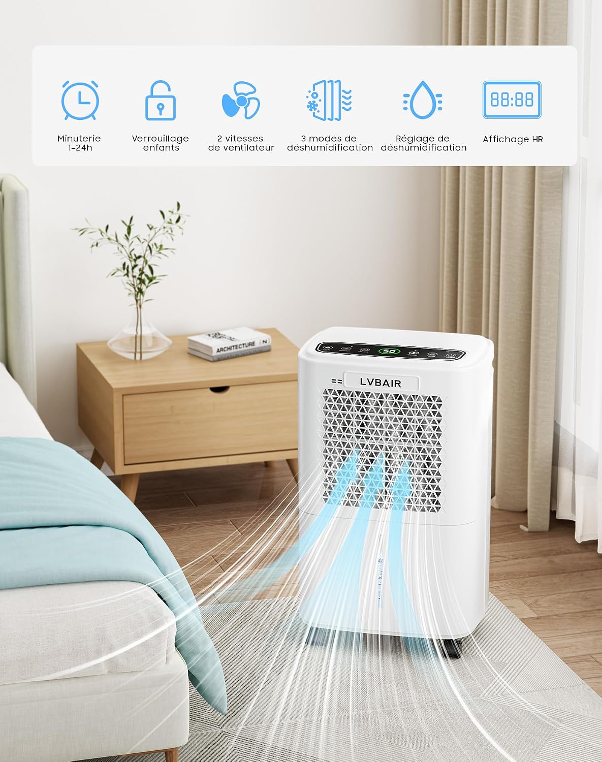  Déshumidificateur 12L/jour - Déshumidificateur électrique Puissant, économe En énergie, Portable, 3 Modes Et Contrôle Intelligent De L'humidité, Déshumidificateur électrique
