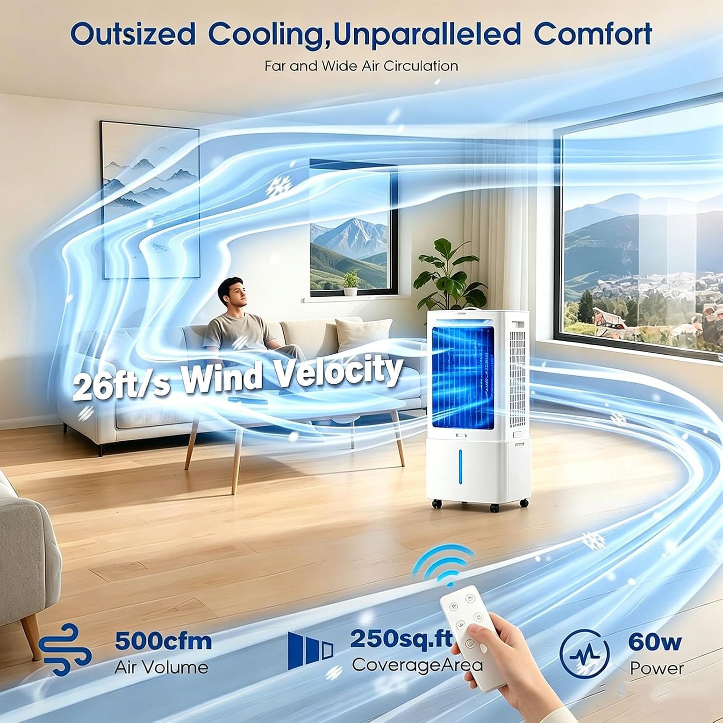  25L Refroidisseur D'air Par évaporation 3 En 1 Avec 3 Vitesses, 4 Modes, Minuterie 12 H, Refroidisseur D'oscillation Avec Réservoir， Télécommande, Ventilateur De Pour Maison Bureau Chambre