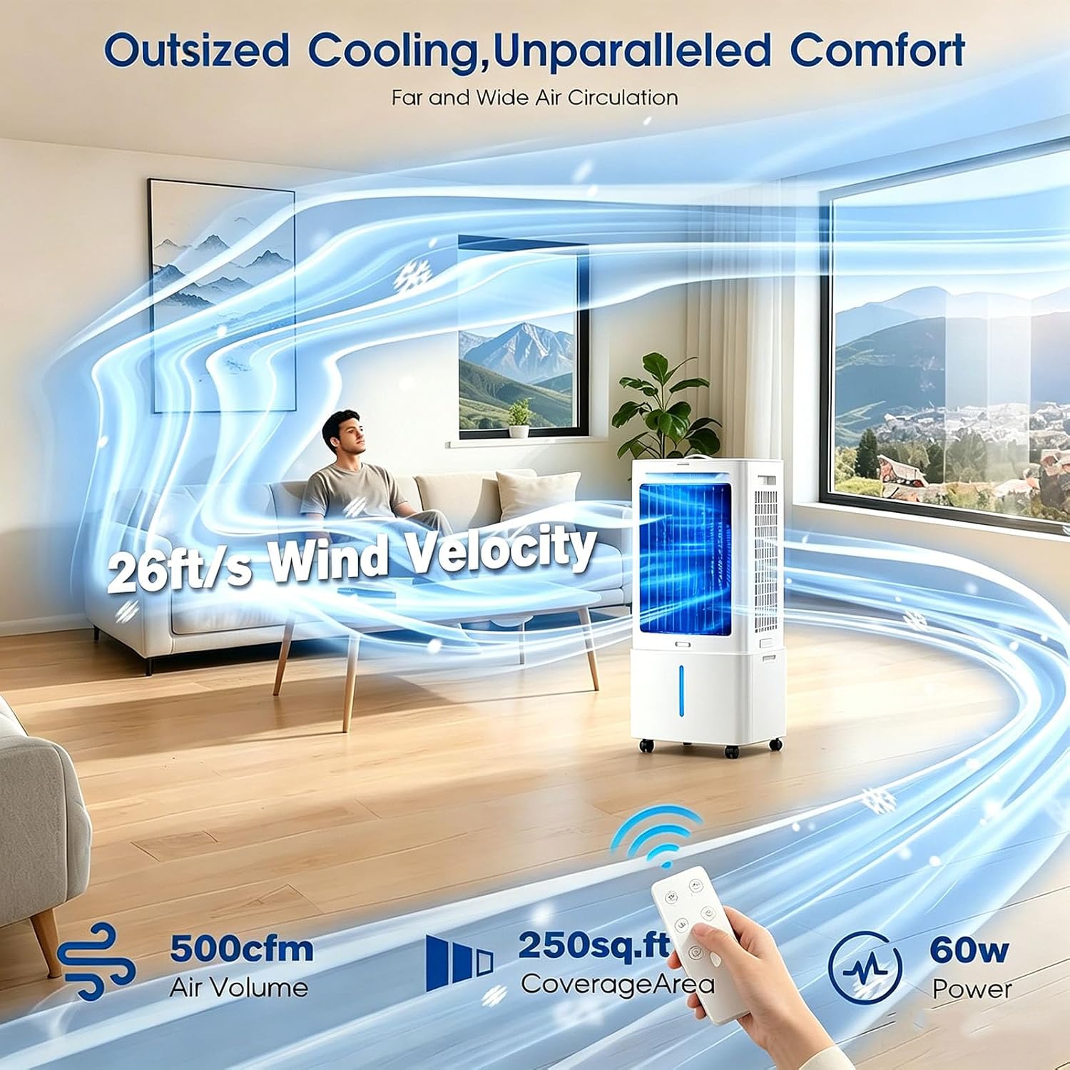  25L Refroidisseur D'air Par évaporation 3 En 1 Avec 3 Vitesses, 4 Modes, Minuterie 12 H, Refroidisseur D'oscillation Avec Réservoir， Télécommande, Ventilateur De Pour Maison Bureau Chambre