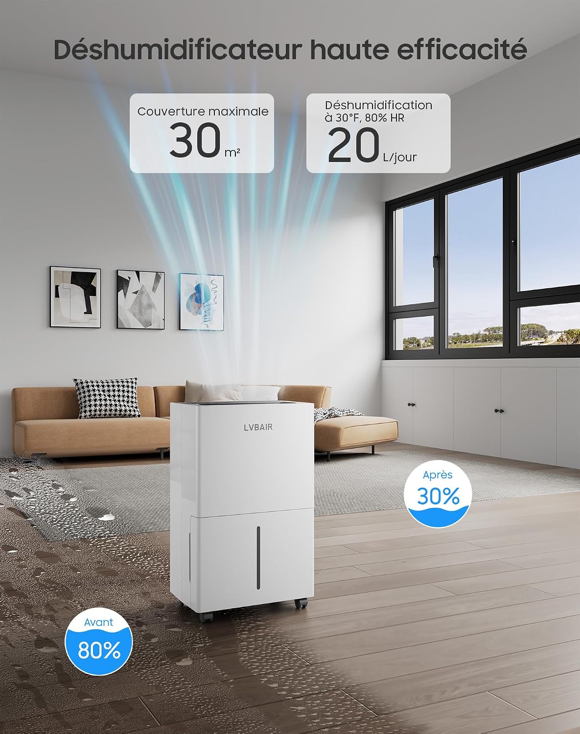  Déshumidificateur 20L/jour - Déshumidificateur électrique Puissant, économe En énergie, Portable, 3 Modes Et Contrôle Intelligent De L'humidité, Déshumidificateur électrique