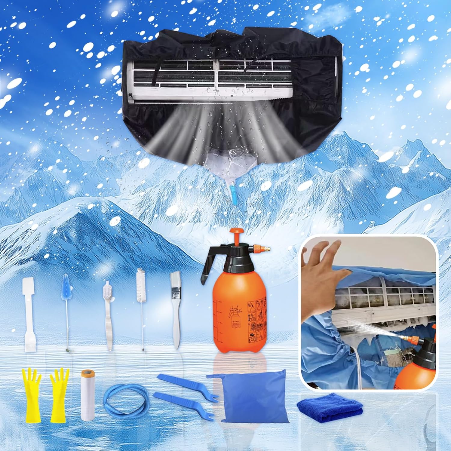  Kit Nettoyage Climatiseur Mural，Kit Nettoyage Climatisation Split，Nettoyage Climatisation Split，Bâche Nettoyage Clim(15 Pièces, Noir, Grande Taille : 94-132 Cm/37,4-51,18 Pouces)