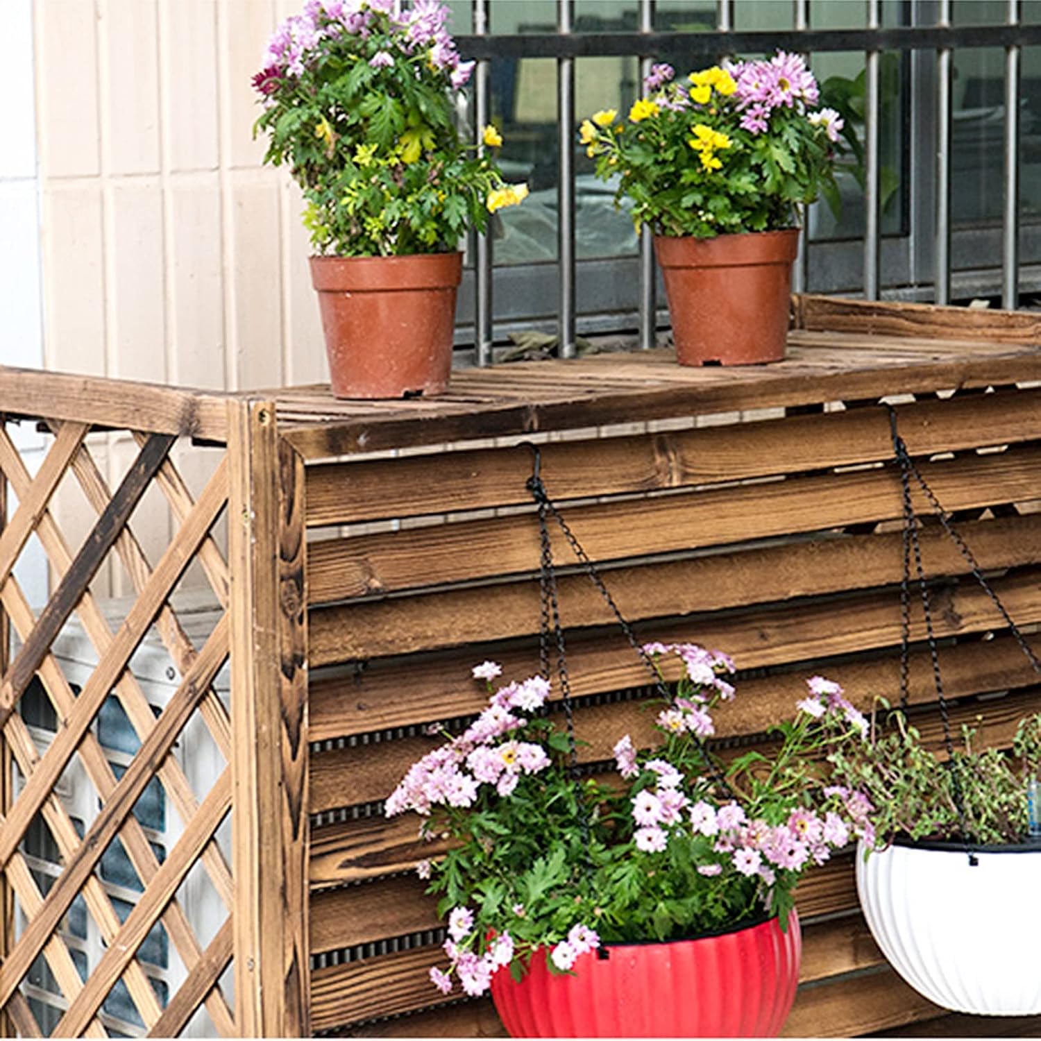 GENERIC Housse De Protection Pour Climatiseur Extérieur Et Boîtier De Pompe à Chaleur – Clôture De Confidentialité En Bois Massif Avec Support De Fleur, Bouclier De Poubelle De 2,4 M, Grilles Résistantes Aux
