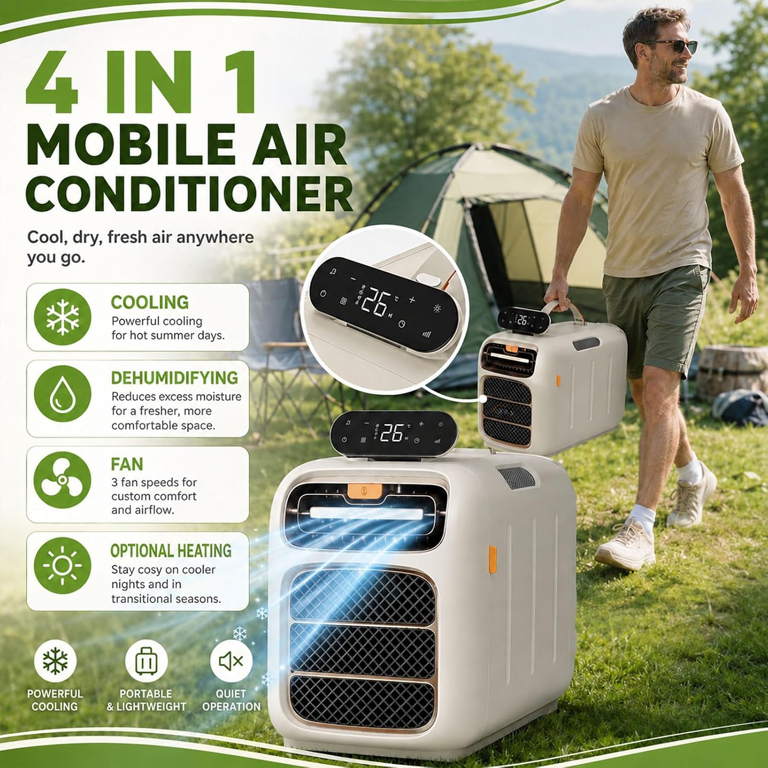  4700BTU Portable AC Pour VR, Tentes, Camping-Cars, 4-en-1 Chauffage De Refroidissement Déshumidifiant, Calme 45dB, Climatiseur Mobile Compact Pour Petits Espaces, 86-108 Pieds Carrés