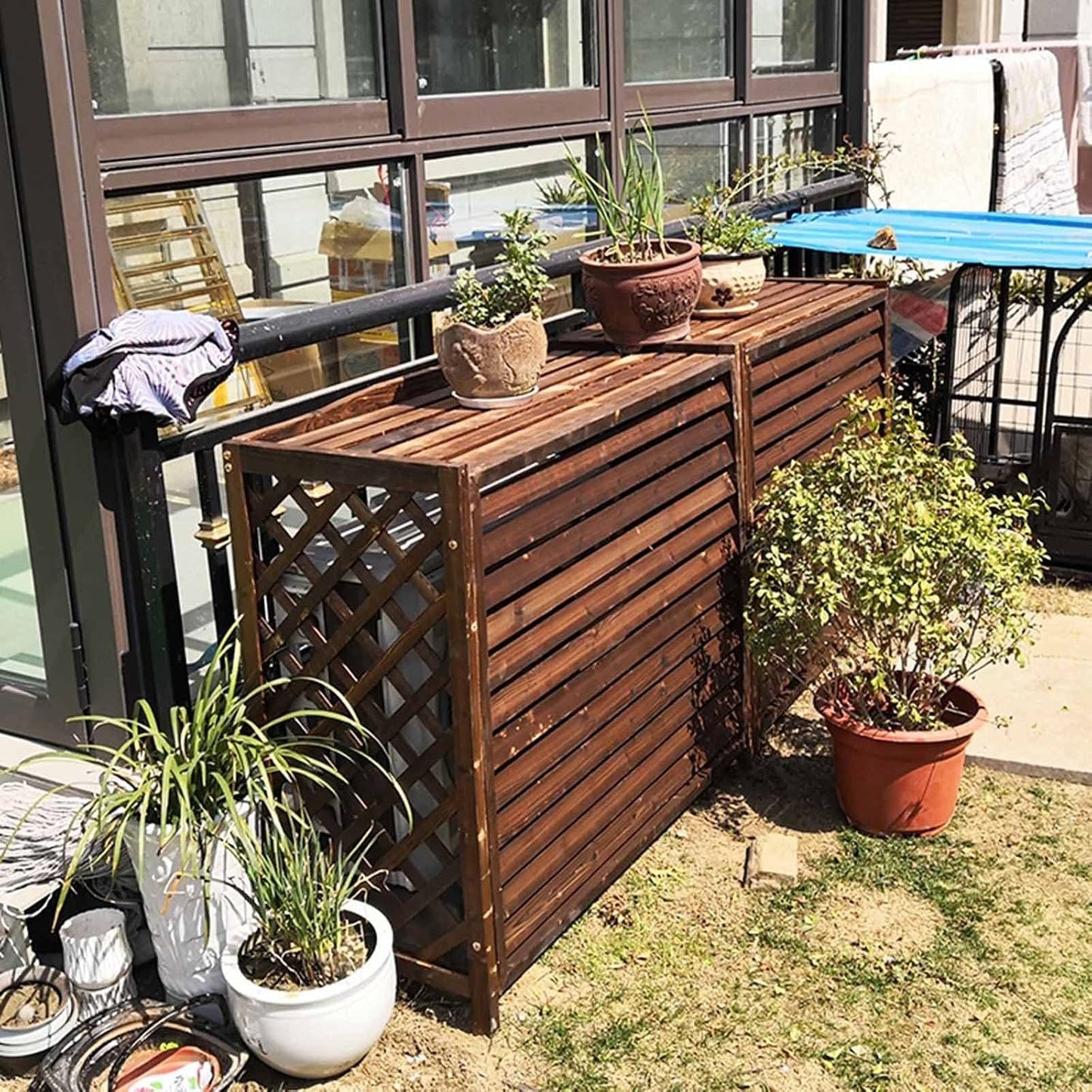 GENERIC Housse En Bois Pour Climatiseur - Écran Décoratif Pour Pompe à Chaleur - En Bois Massif - Avec Pot De Fleurs Cachées Pour Un Attrait Amélioré