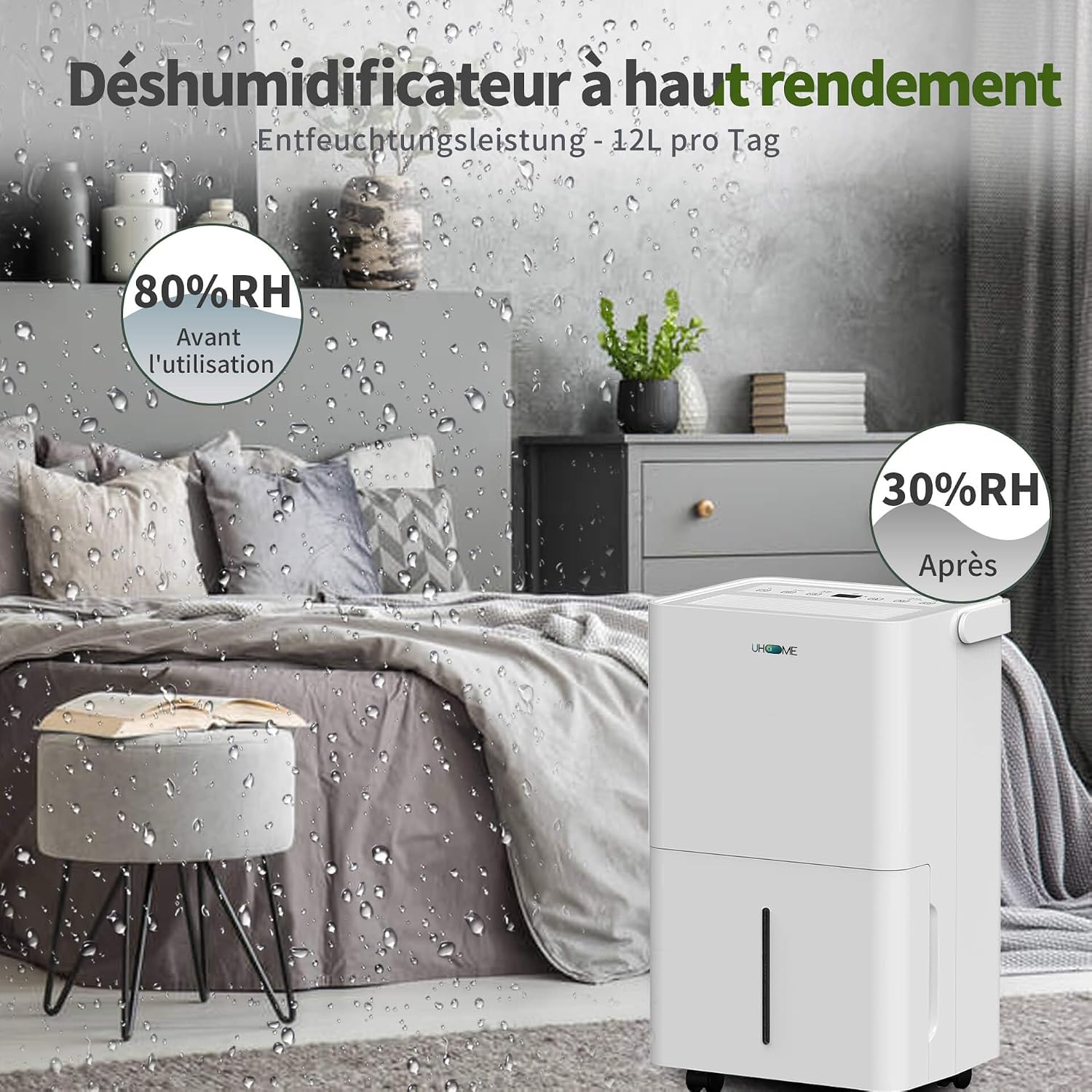  Uhome Déshumidificateur électrique, 12 L/24 H, Déshumidificateur D'ambiance 54 M³/18 M², Avec Arrêt Automatique, Capteur D'humidité, Mode Lavage Et Filtre à Charbon Actif, Tuyau D'arrosage