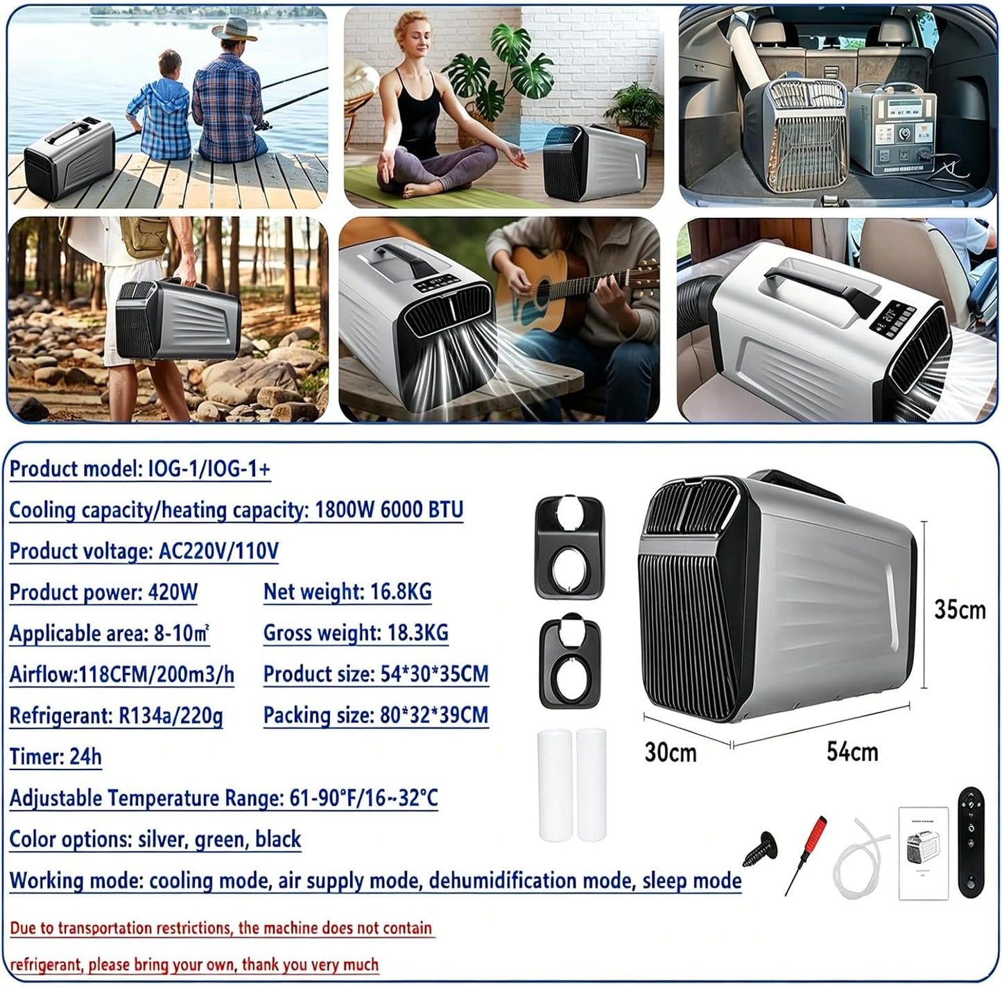  Climatiseur Portable Pour Tente 5200 Climatiseur Btu Pour Camping-Car, Refroidissement + Déshumidification + Ventilation + Mode Veille + Minuterie 24 H, Jusqu'à 10M², Conduit D'évacuation Inclus