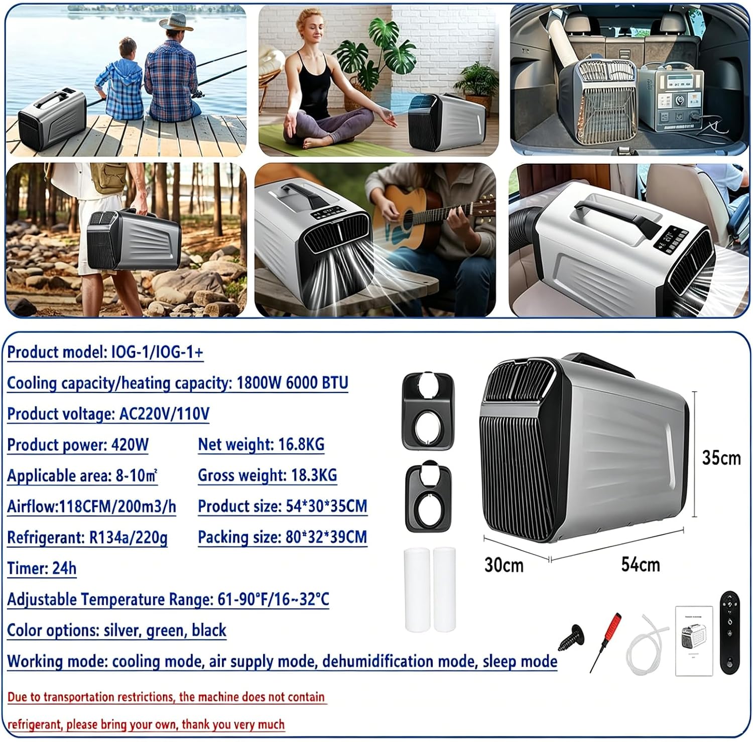  Climatiseur Portable Pour Tente 5200 Climatiseur Btu Pour Camping-Car, Refroidissement + Déshumidification + Ventilation + Mode Veille + Minuterie 24 H, Jusqu'à 10M², Conduit D'évacuation Inclus
