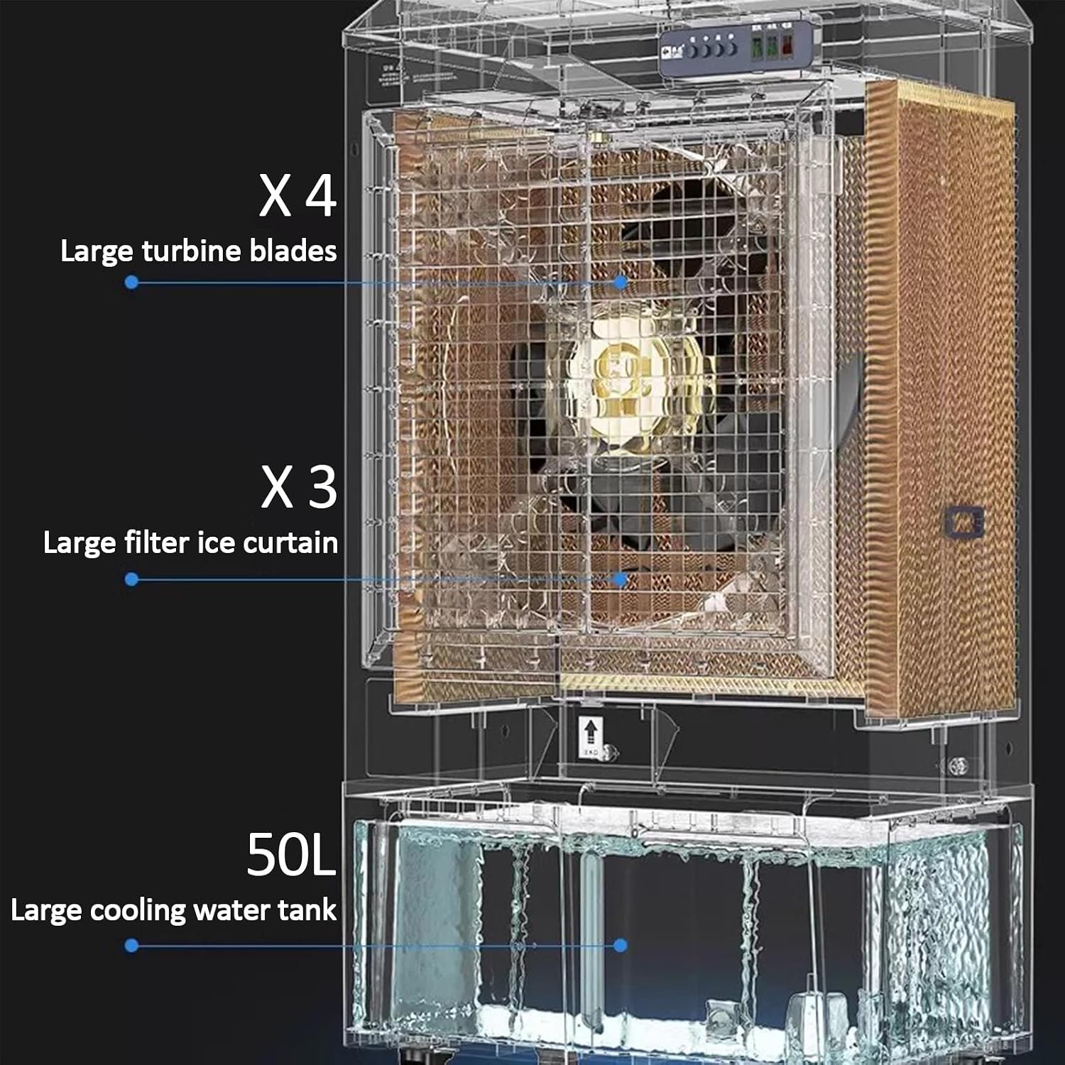 GENERIC Glacière De Marais 6500 CFM, Refroidisseur D'air Par évaporation Avec Réservoir De 70/80 L, 4 Blocs De Glace, Oscillation De 110°, 3 Vitesses Pour Garage, Usage Commercial, Industriel