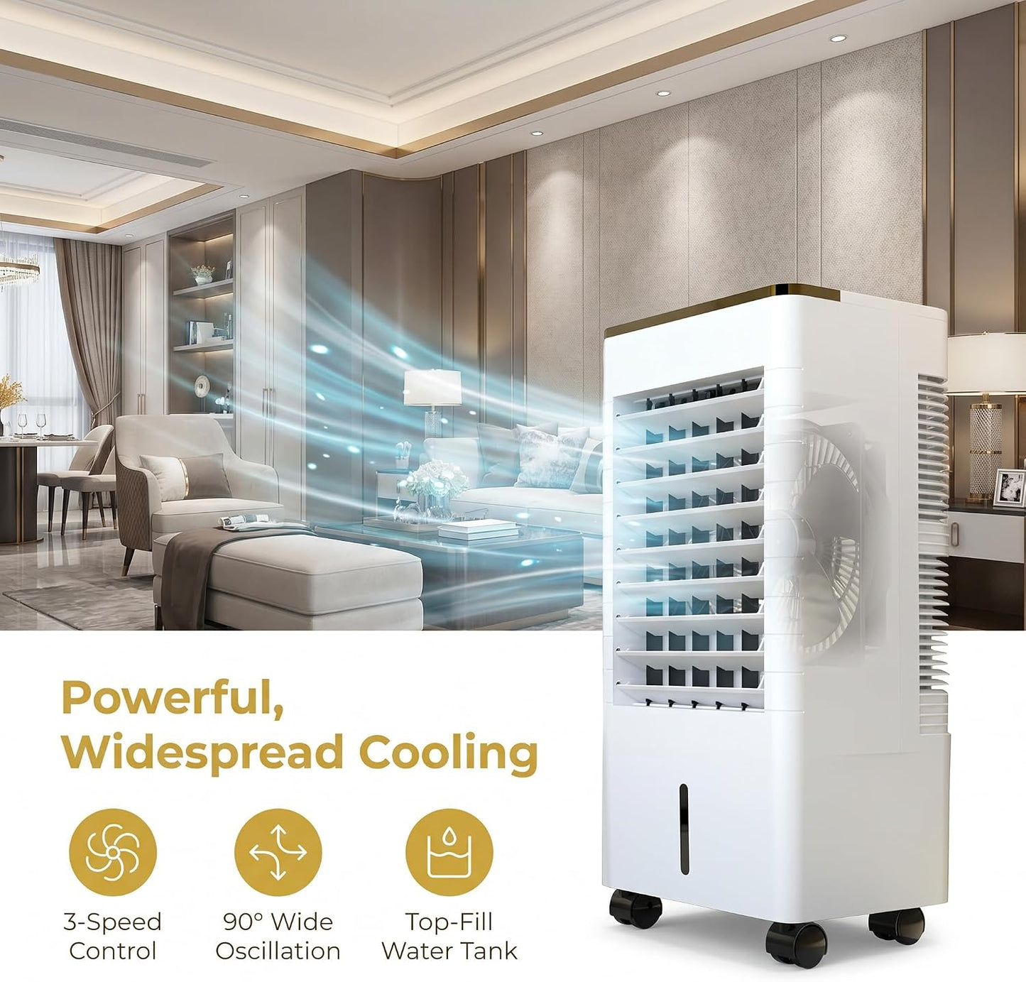  Refroidisseur Dair Par Évaporation, Ventilateur Portable Sans Fenêtre, 3 Vitesses De Ventilation Avec Télécommande, Diffusion Dair Grand Angle À 90°, Minuterie 12 H, Ventilateur Rafraîchissant
